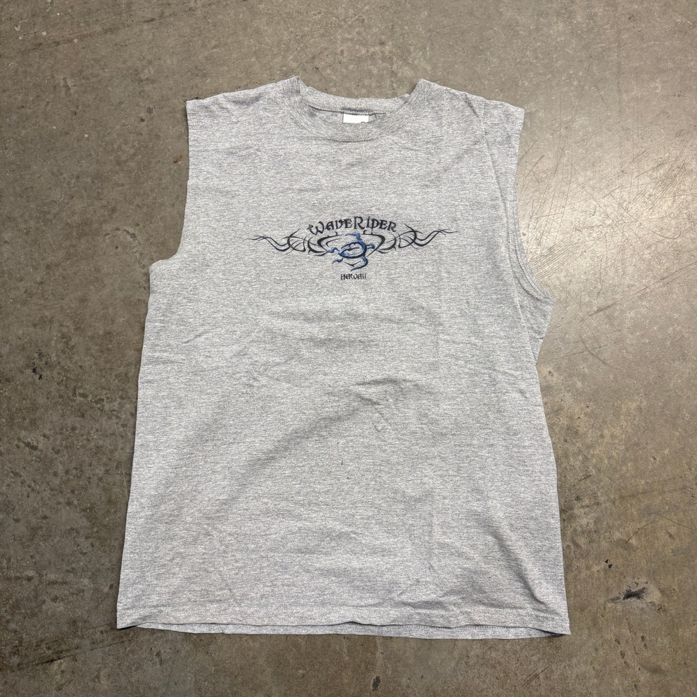 Anvil Wave Rider Hawaii Tee Mens Large Gray Tribal Graphic Sleeveless Tank